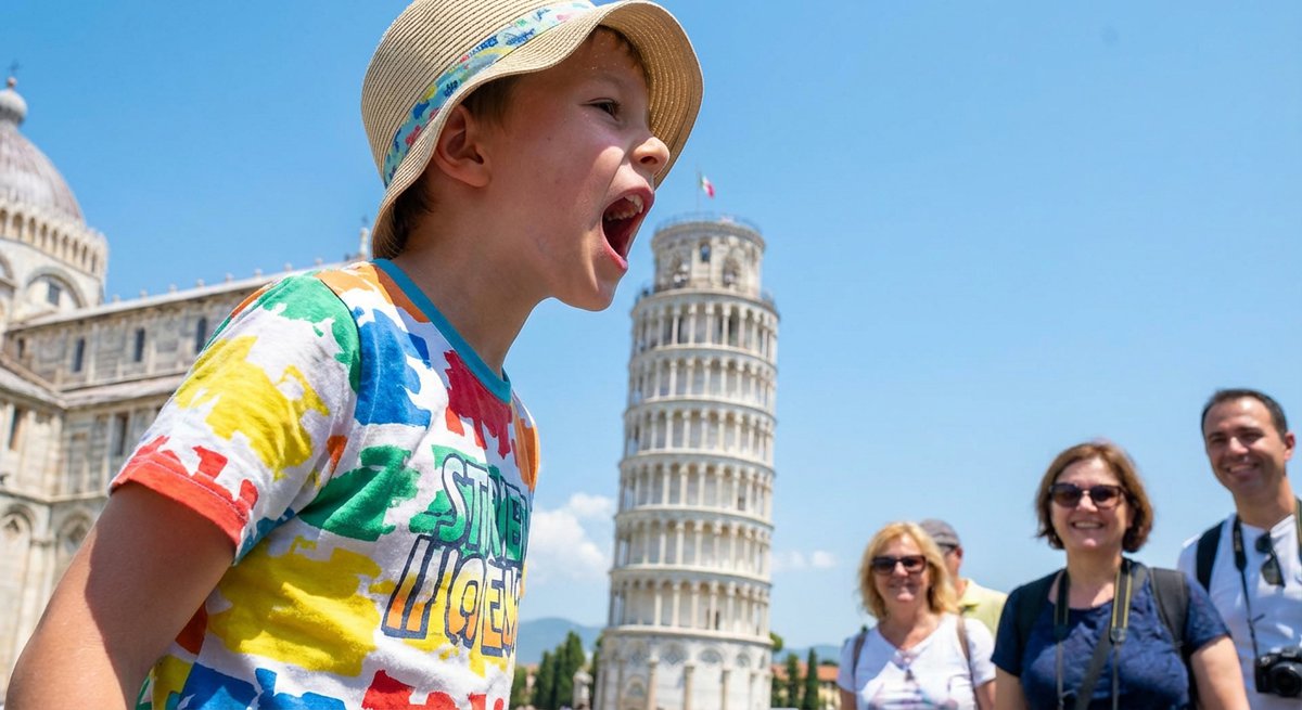 Kind tut so als würde es den Schiefen Turm von Pisa essen