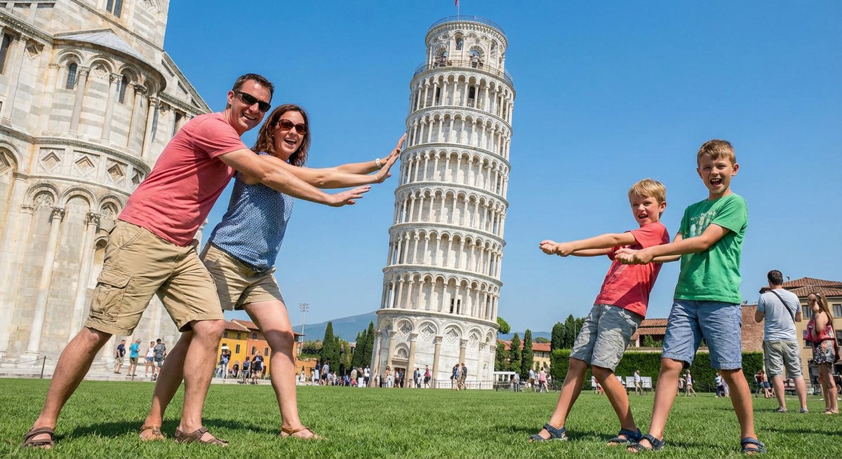Familie posiert mit dem Schiefen Turm von Pisa
