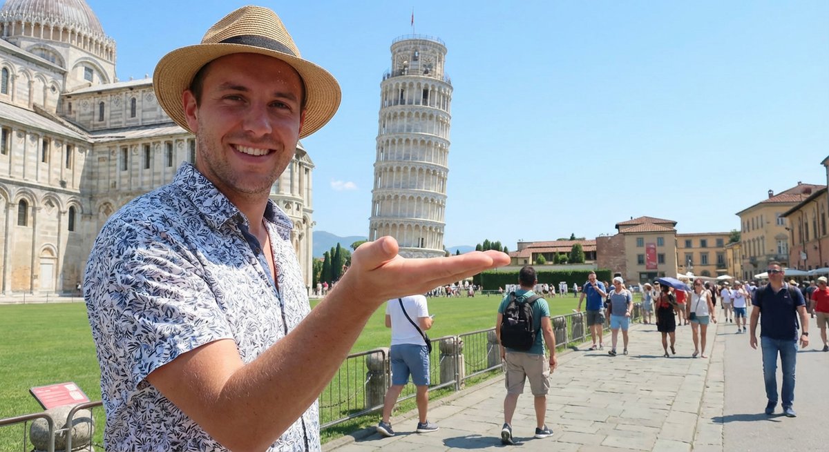 Tourist hält den Schiefen Turm von Pisa in der Hand