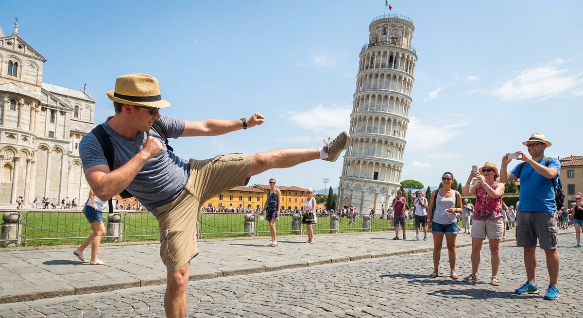 Tourist macht Kung-Fu-Kick am Schiefen Turm von Pisa