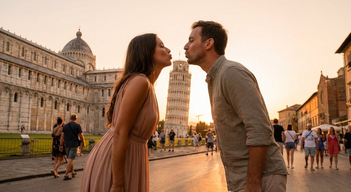 Paar küsst den Schiefen Turm von Pisa