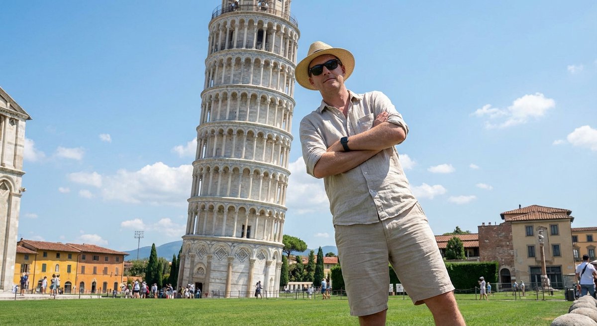 Tourist lehnt lässig am Schiefen Turm von Pisa
