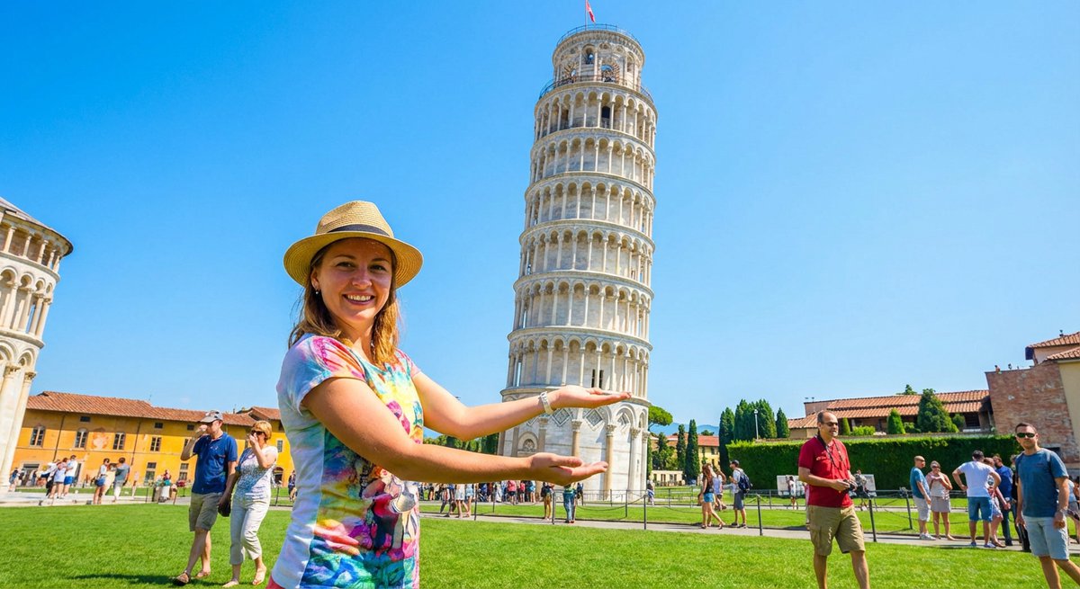 Tourist schiebt den Schiefen Turm von Pisa an
