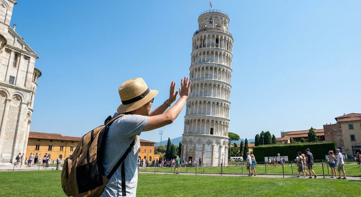 Tourist stützt den Schiefen Turm von Pisa