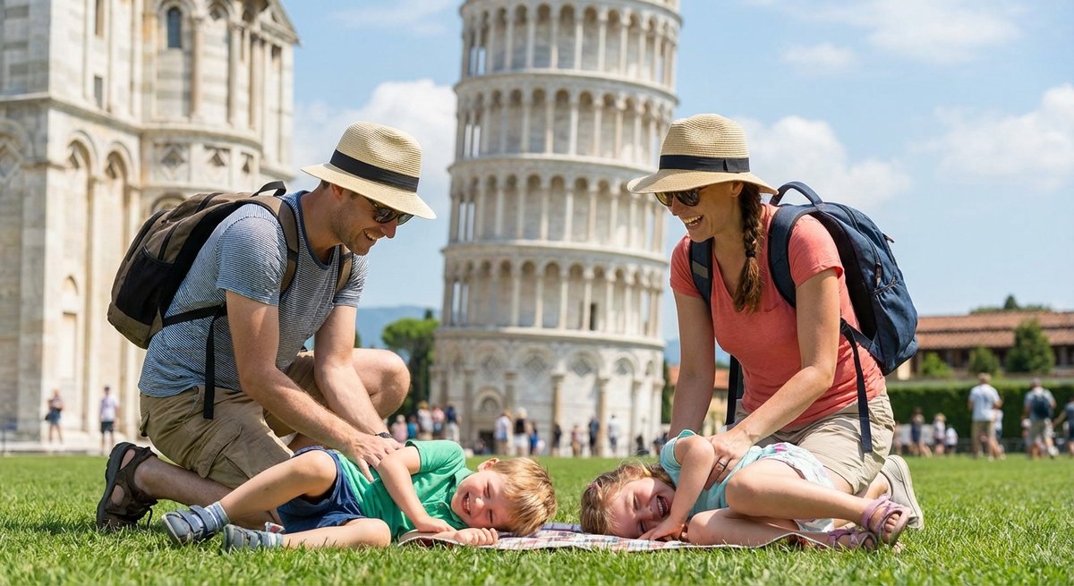 Familie mit Kindern am Schiefen Turm von Pisa