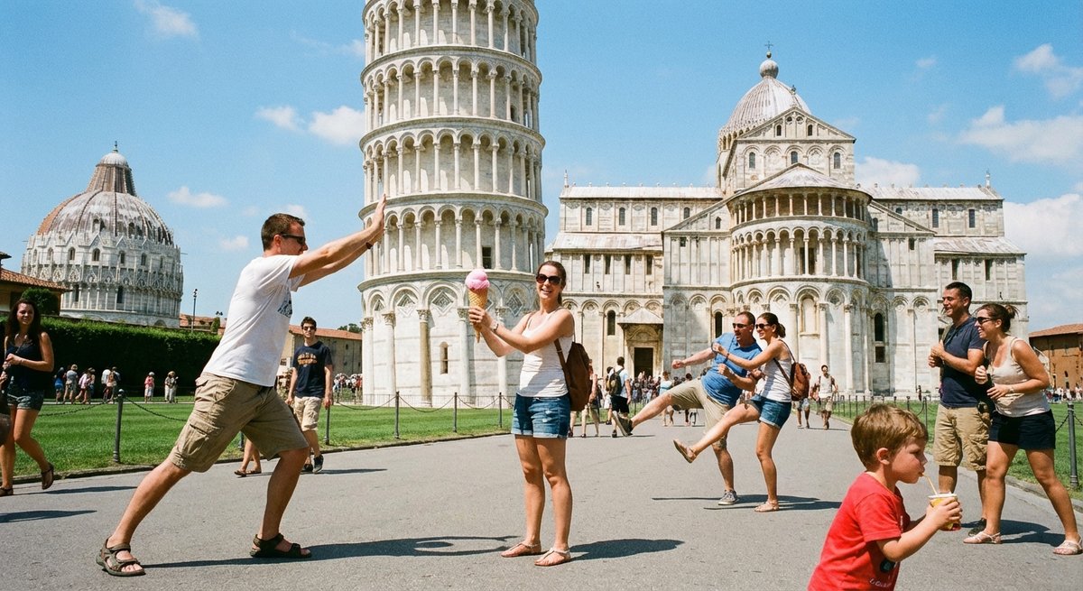 Lustige Perspektivfotos am Schiefen Turm von Pisa